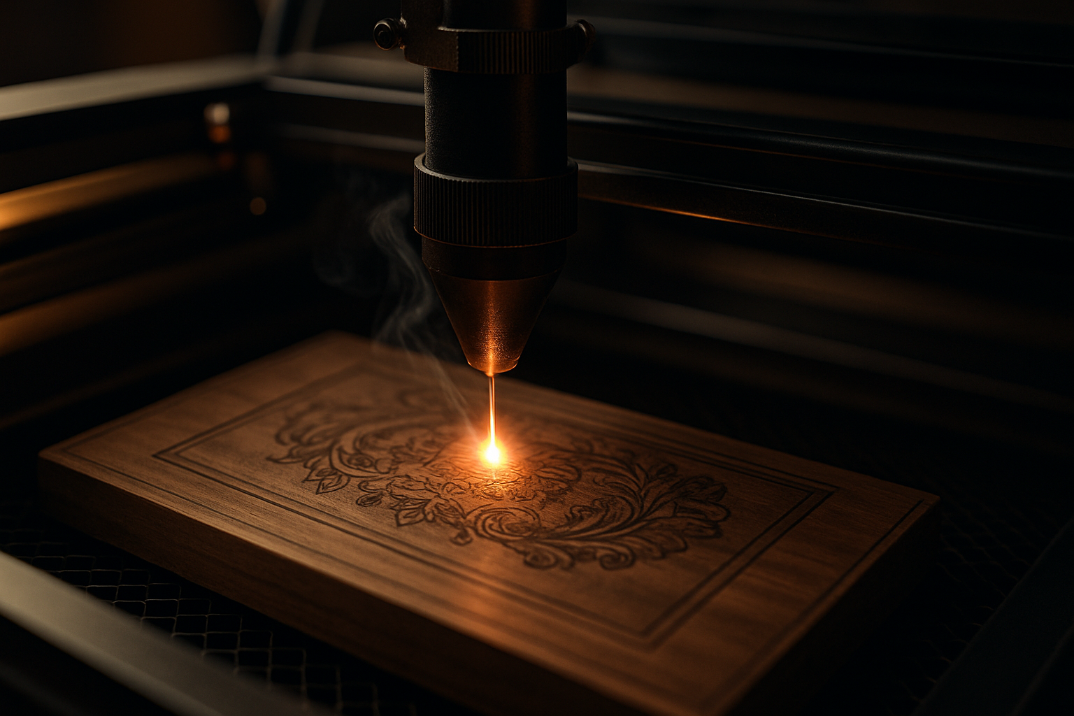 Laser engraving a walnut plaque in the studio